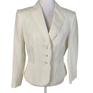 Vintage Size S Linen Blend Blazer Jacket Ivory White Eyelet Lace Trim Lined Twee